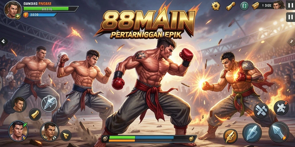 Tangkapan layar yang menunjukkan pertarungan seru antara karakter dalam 88MAIN.