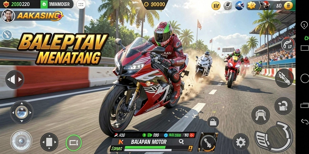 Gameplay AAKASINO menampilkan balapan motor yang intens dan seru.