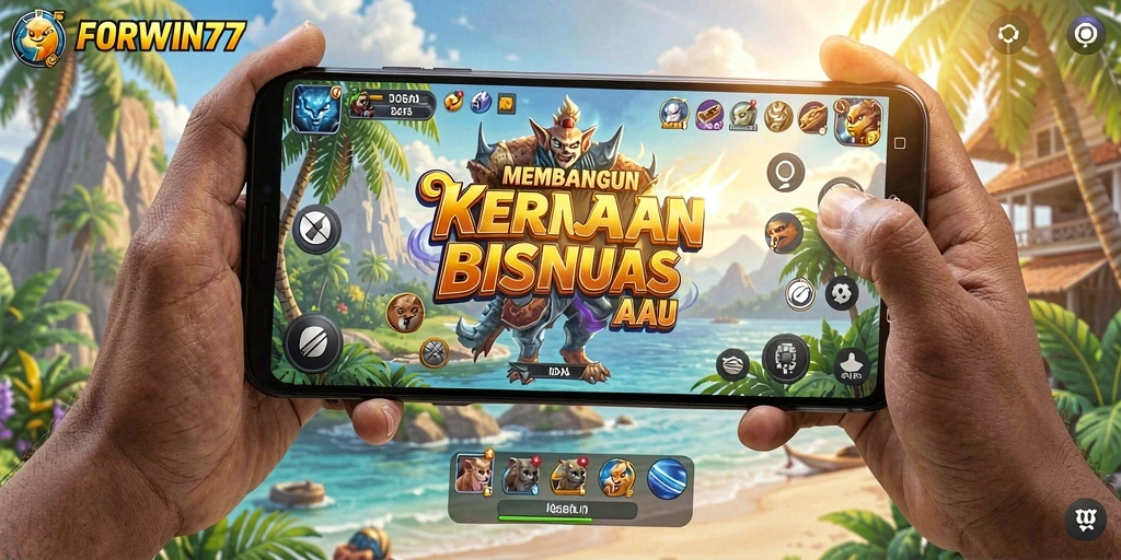 Screenshot utama FORWIN77 menampilkan gameplay membangun kerajaan bisnis.