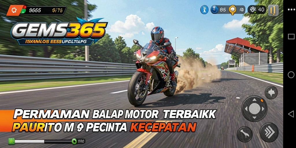 Screenshot gameplay GEMS365 yang menampilkan balapan motor seru.