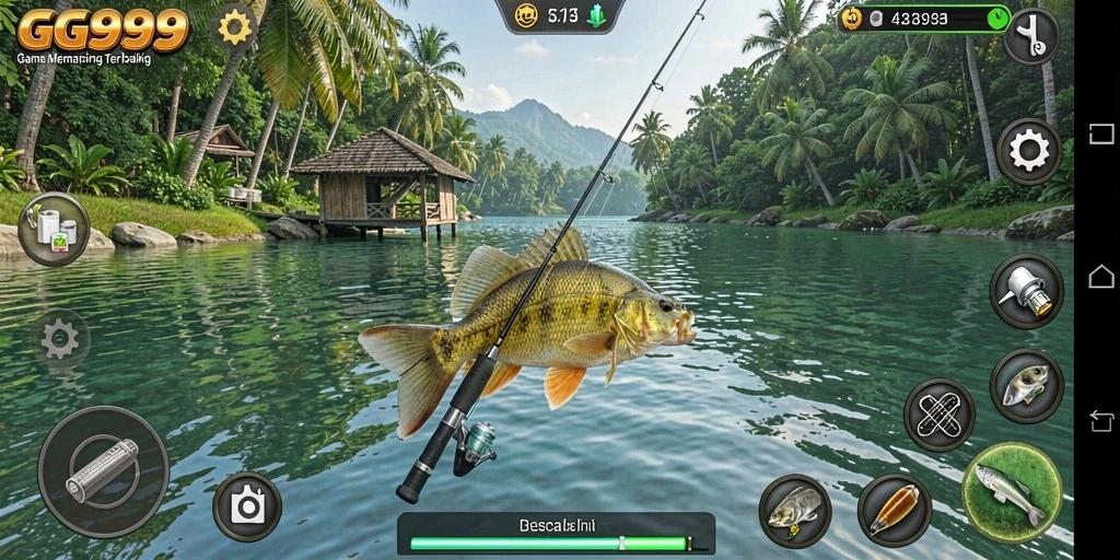 Screenshot GG999 menampilkan momen seru saat menangkap ikan besar.
