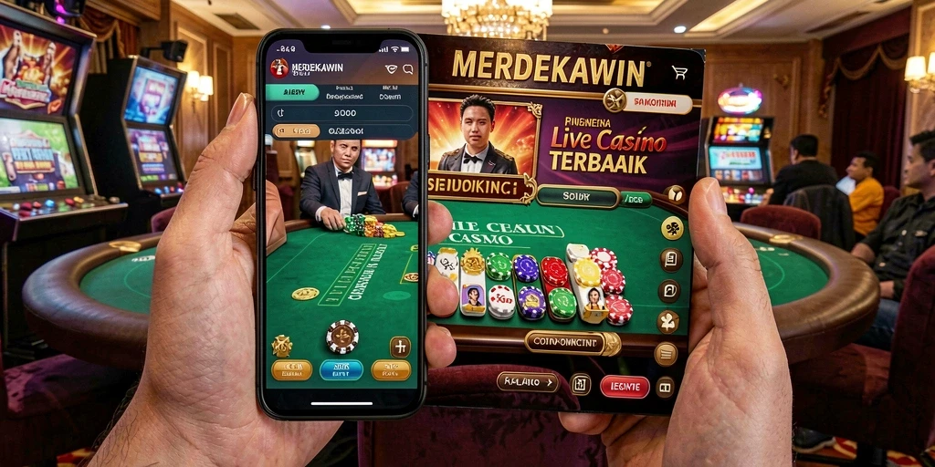 Tampilan gameplay MERDEKAWIN menampilkan dealer langsung dan suasana kasino yang menarik.