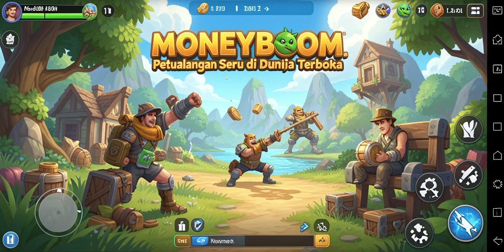 Screenshot gameplay MONEYBOOM yang menunjukkan eksplorasi dunia terbuka.