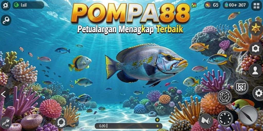 Tampilan gameplay POMPA88 dengan berbagai ikan dan lokasi memancing yang menakjubkan.