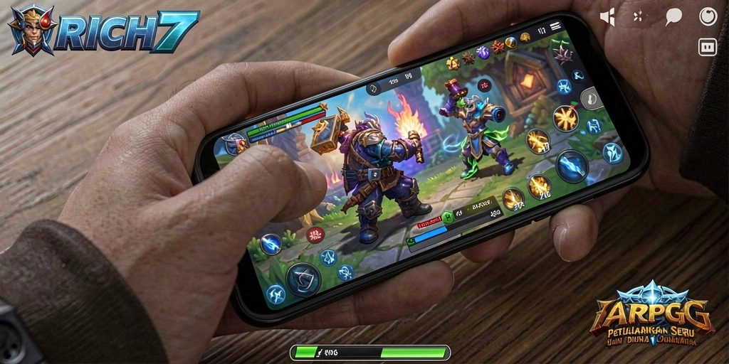 Tangkapan layar gameplay RICH7 yang menegangkan dengan karakter beraksi.