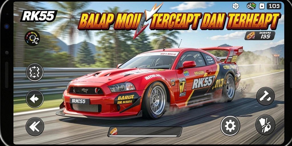 Gameplay seru RK55 dengan mobil balap cepat di lintasan.