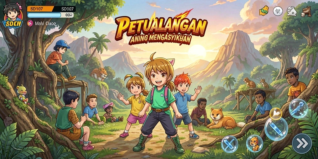 Tampilan gameplay SD107 yang penuh warna dan karakter anime.