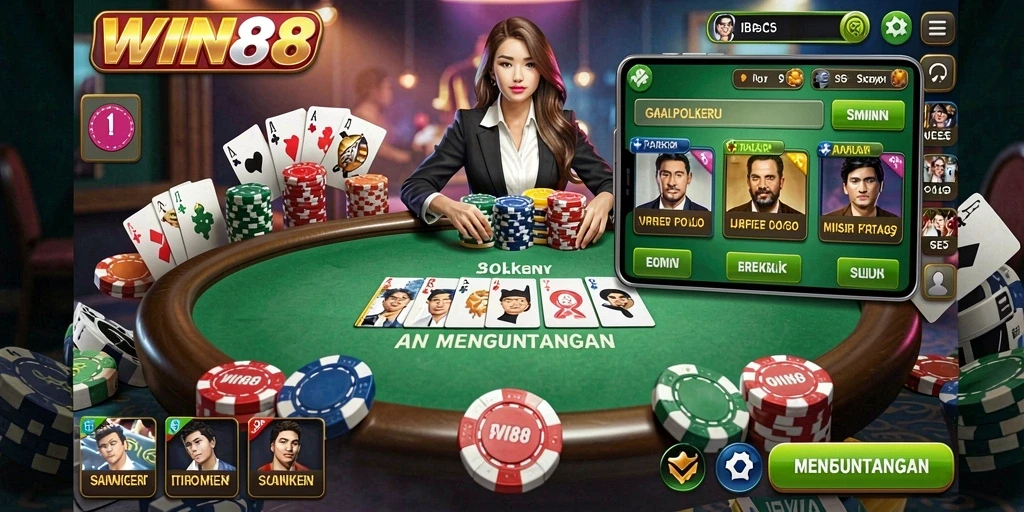 Tampilan menyerupai meja Poker yang aktif dalam gameplay.